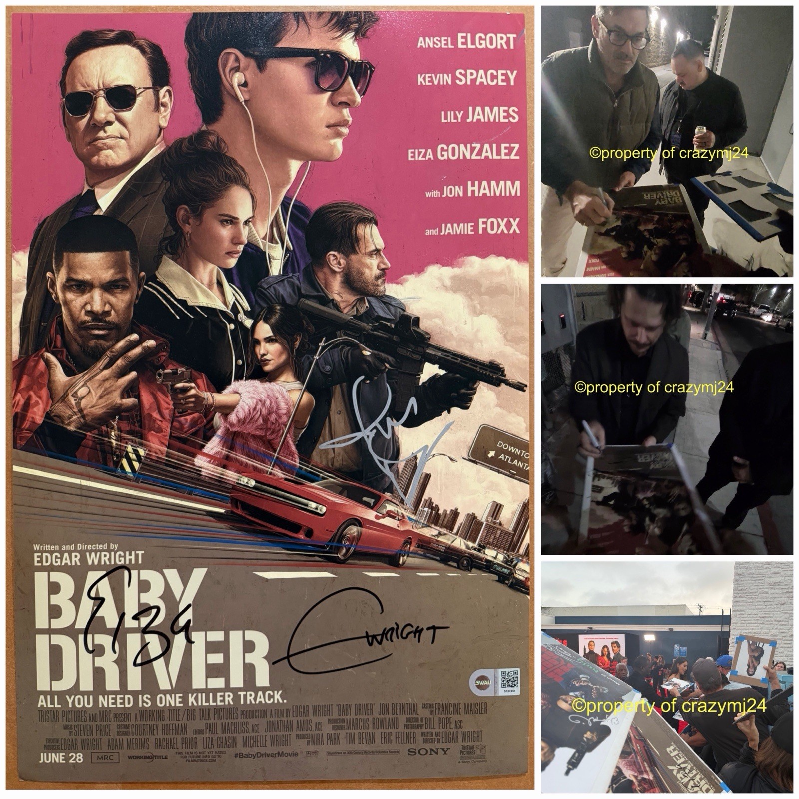 3 Signed Baby Driver Edgar Wright Jon Hamm Eiza Gonzalez Autograph PROOF SWAU