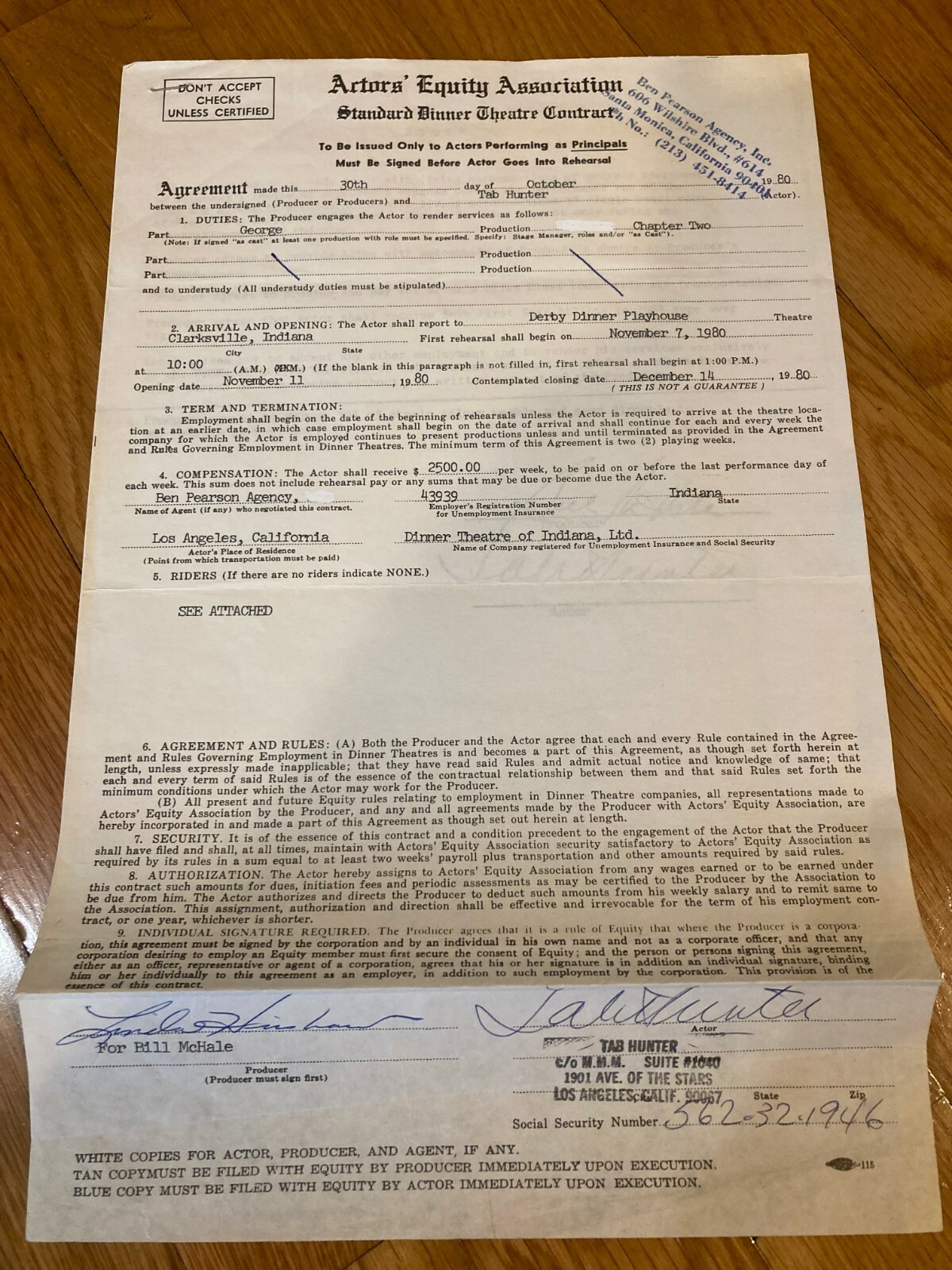 Tab Hunter Twice Signed Autographed “Chapter Two” Contract Beckett BAS Pre-cert