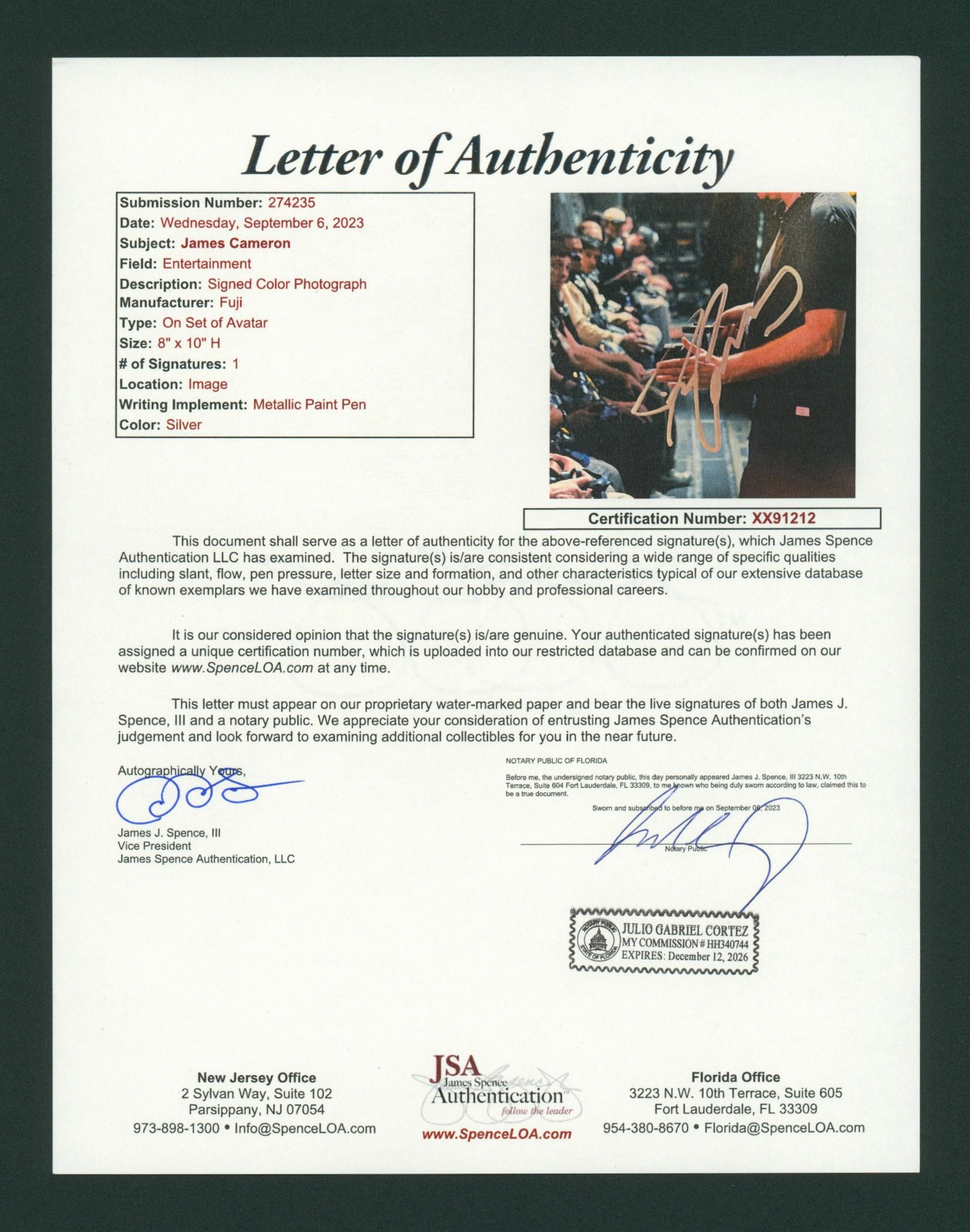 James Cameron Signed JSA LOA Autographed 8X10 Avatar Photo Autograph Auto COA