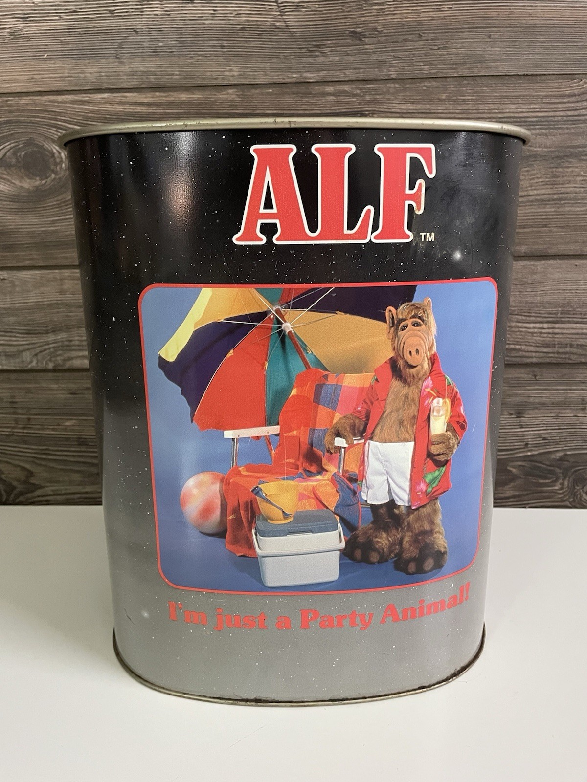 ALF 1987 Double Sided Tin Trash Can Waste Basket TV Show Alien Vintage