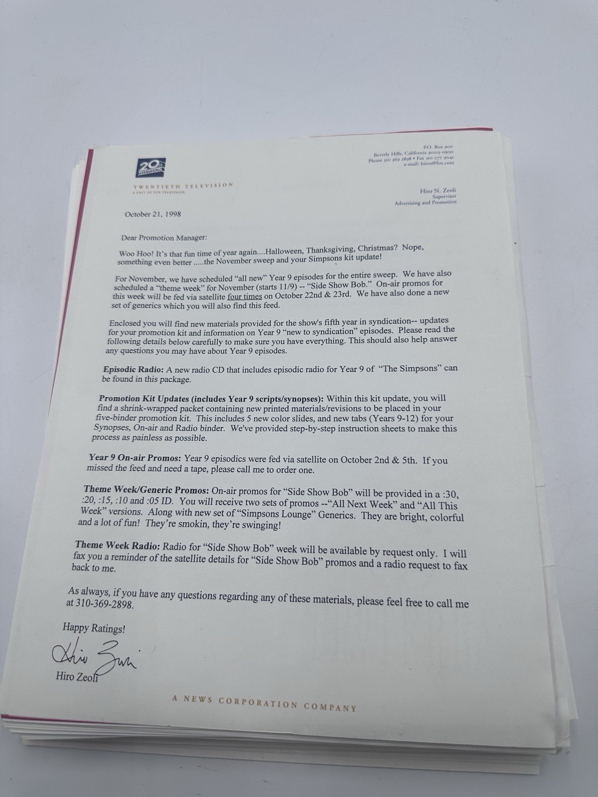 FOX Television Press Kit The Simpsons Season 9 Paperwork