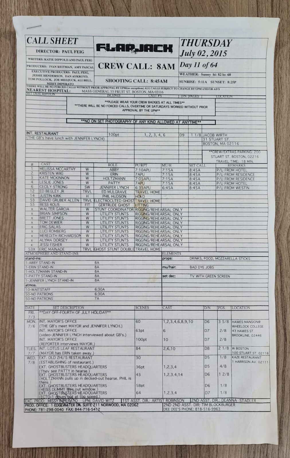 Original Production Used Ghostbusters (2016) Call Sheet Melissa McCarthy Wiig