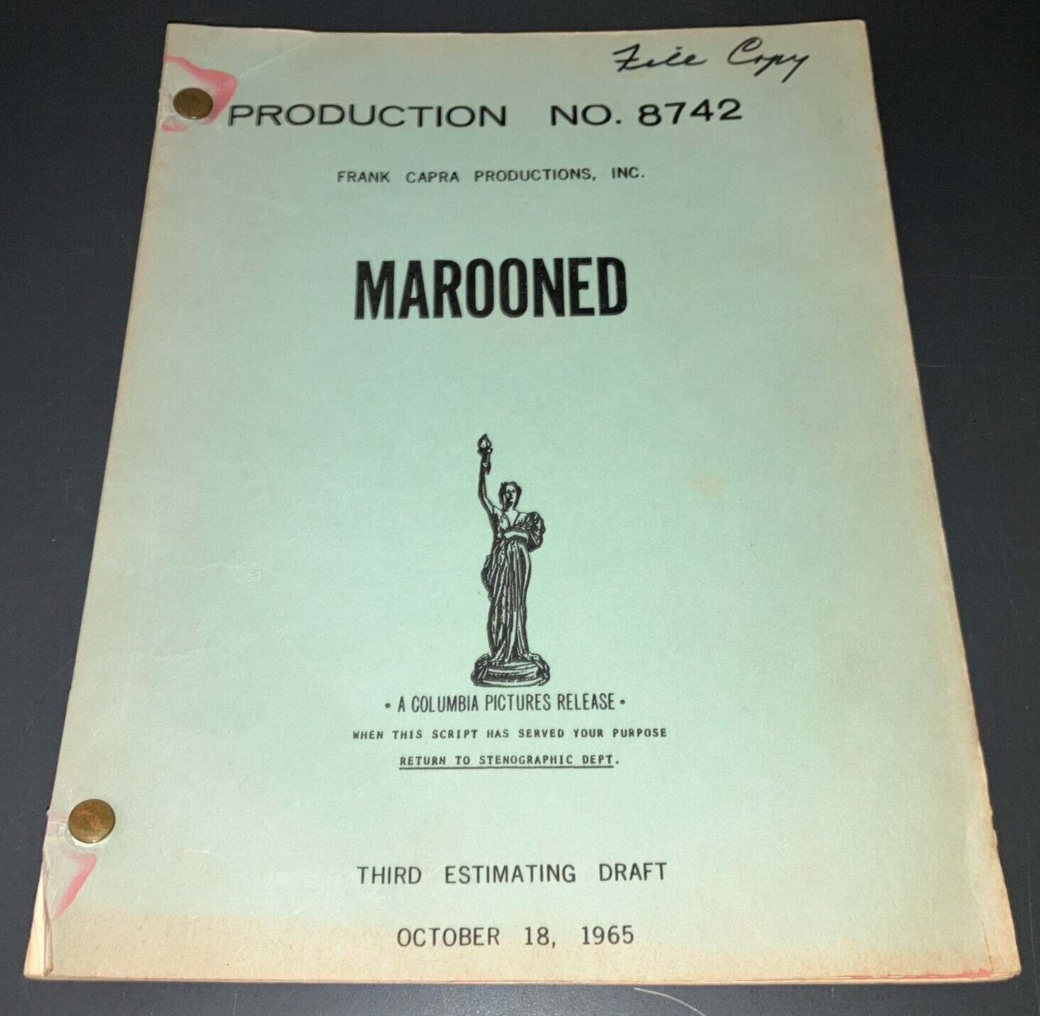 Original 1965 Marooned Movie Script Estimating Draft Gregory Peck Frank Capra