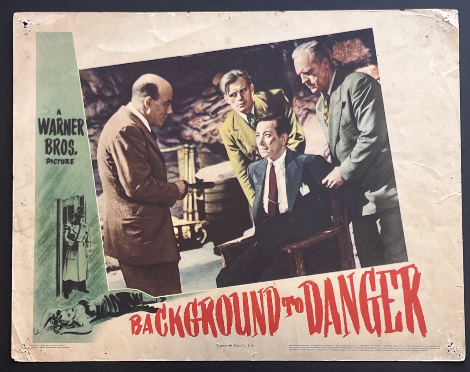 BACKGROUND TO DANGER (1943) starring GEORGE RAFT getting roughed up, lobby card!