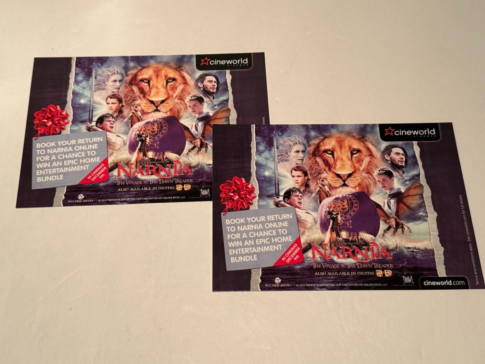CHRONICLES OF NARNIA Voyage Dawn Treader lot of 2 UK Movie promo postcards 2010