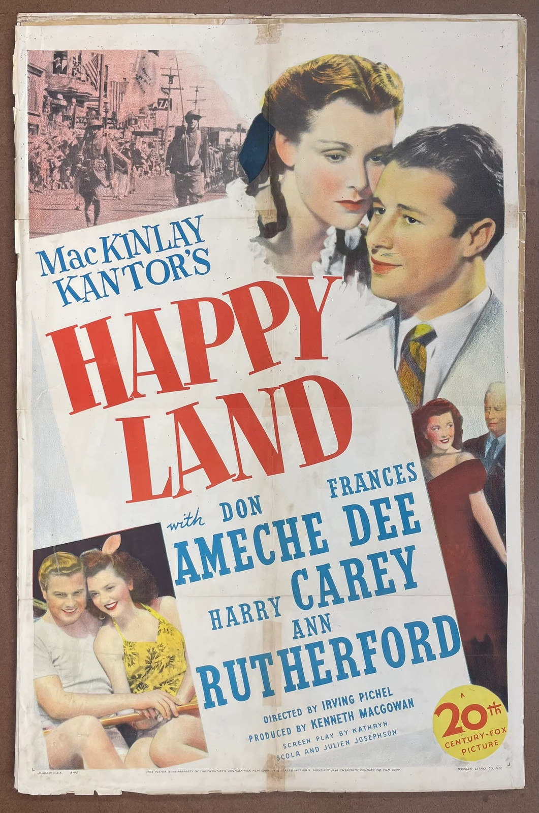 Happy Land 1943 Original US Folded Don Ameche Frances Dee War Drama Poster