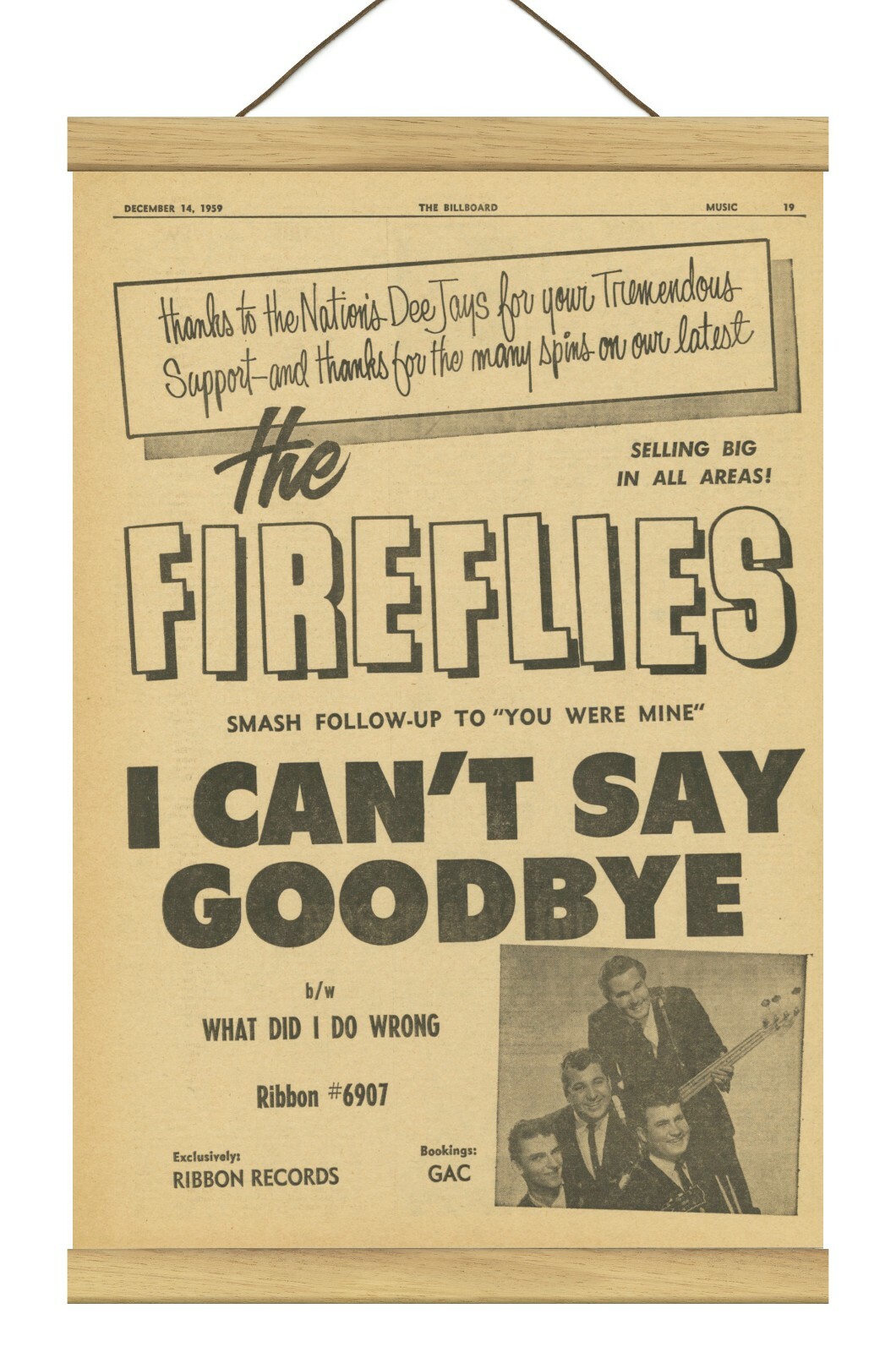 Fireflies “I Can’t Say Goodbye” Original Promo Ad, Mounted w/Magnetic Frame!