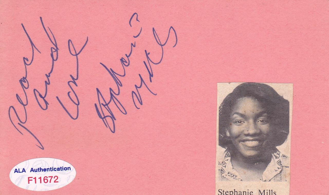 STEPHANIE MILLS Signed on 3×5 Index Card. Singer/Home ALA F11672