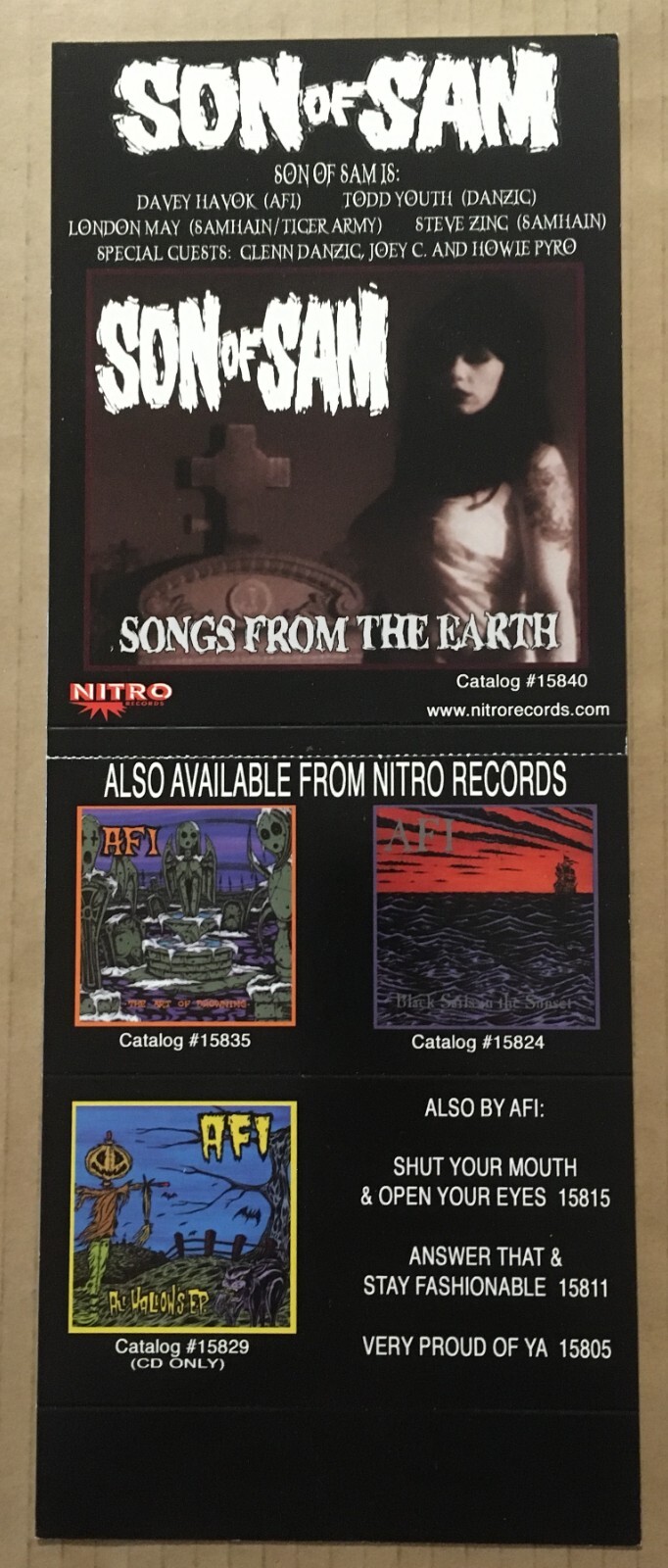AFI Danzig SON OF SAM PROMO CARDSTOCK PAPER COUNTER DISPLAY for Songs CD Samhain