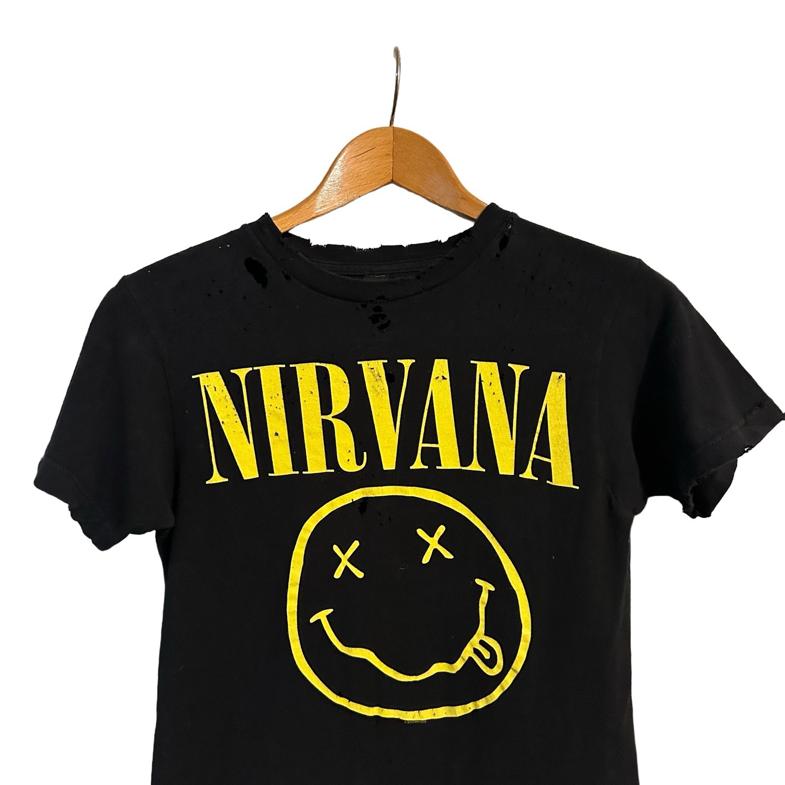 Distressed Nirvana T-Shirt Destroyed Black Yellow Tultex XS Extra Small Band T