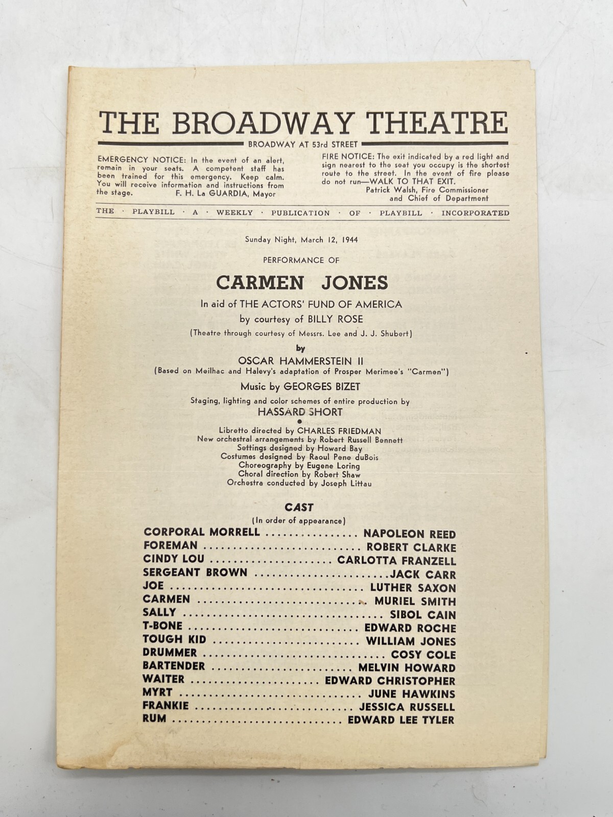 Broadway Theatre New York City NY Vintage Playbill Program Carmen Jones 1944