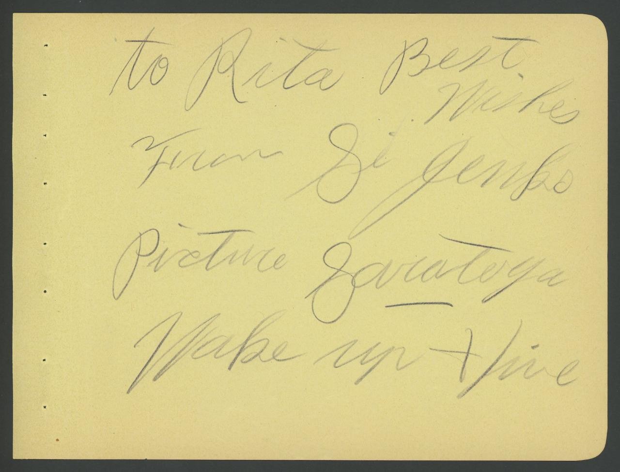 SI JENKS (1876-1970) signed album page | “Oregon Trail” & “Saratoga” – autograph