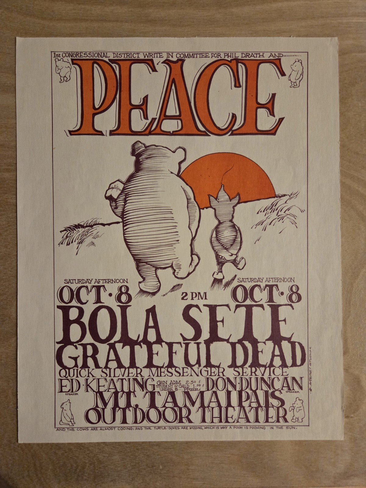 TRIMMED AOR 2.326 Grateful Dead Peace Handbill Mouse Studios 1966 Bola Sete QMS