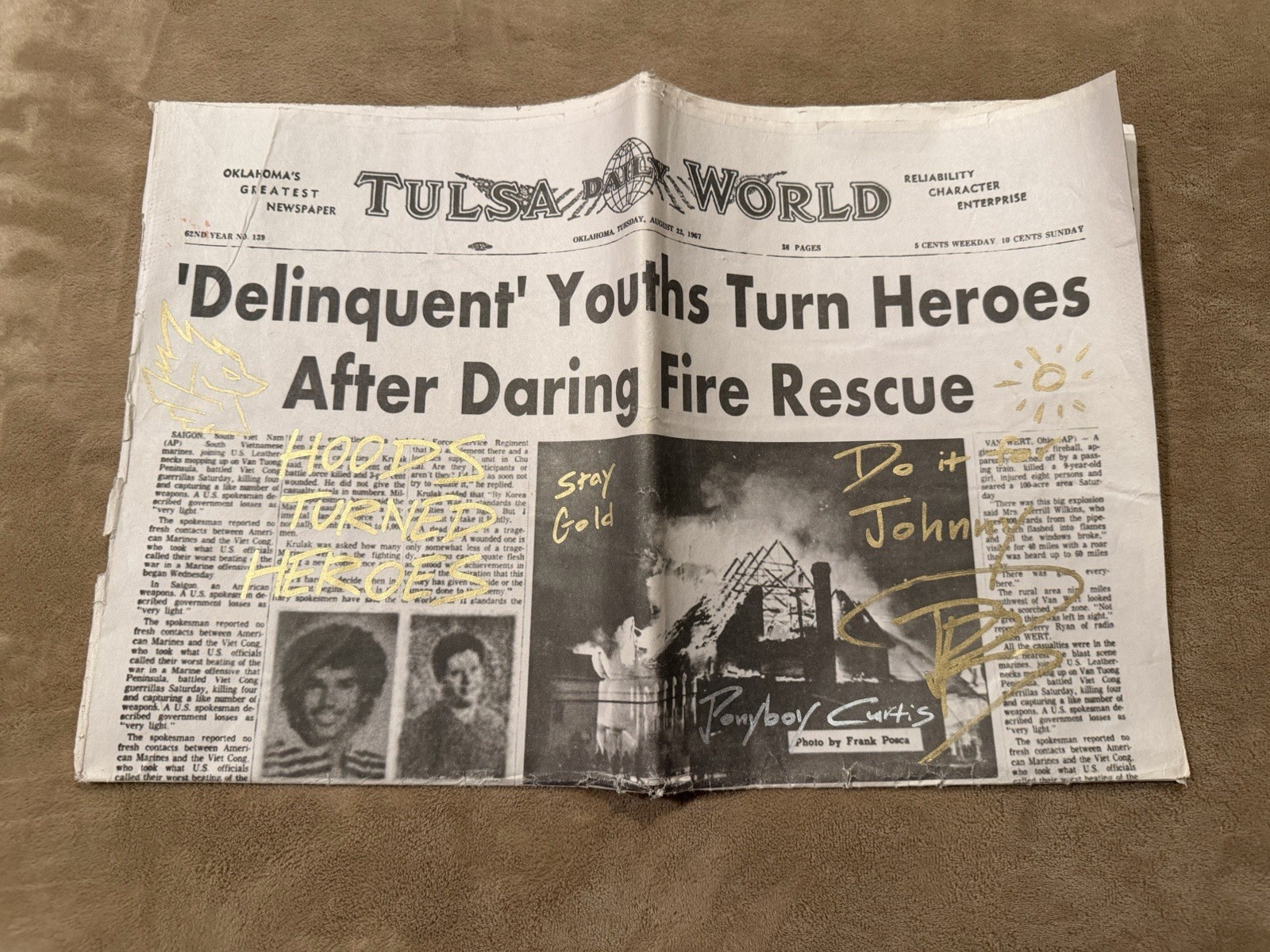 Brody Grant Signed Newspaper Stage Used Prop Outsiders Autograph Authentic