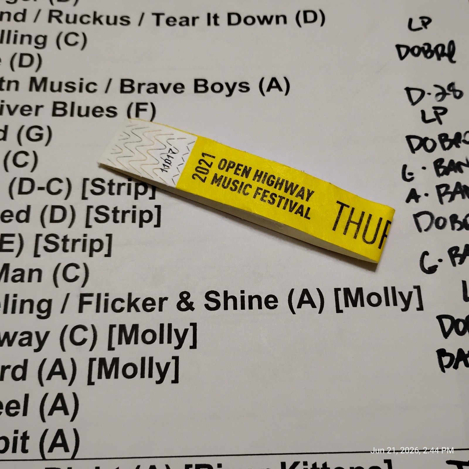 Old Crow Medicine Show 2021 Stage Used Set List With Handwritten Notations
