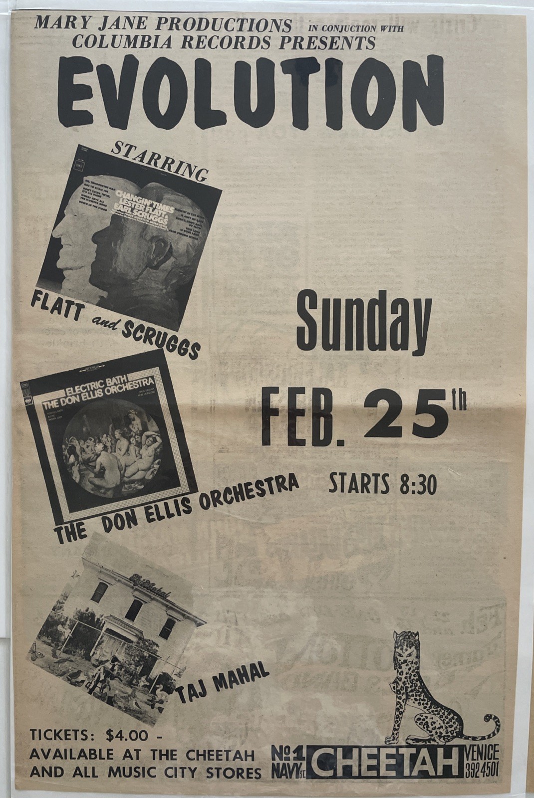 1968 Flatt & Scruggs, Don Ellis, Taj Mahal, CHEETAH CLUB L.A., Concert Ad