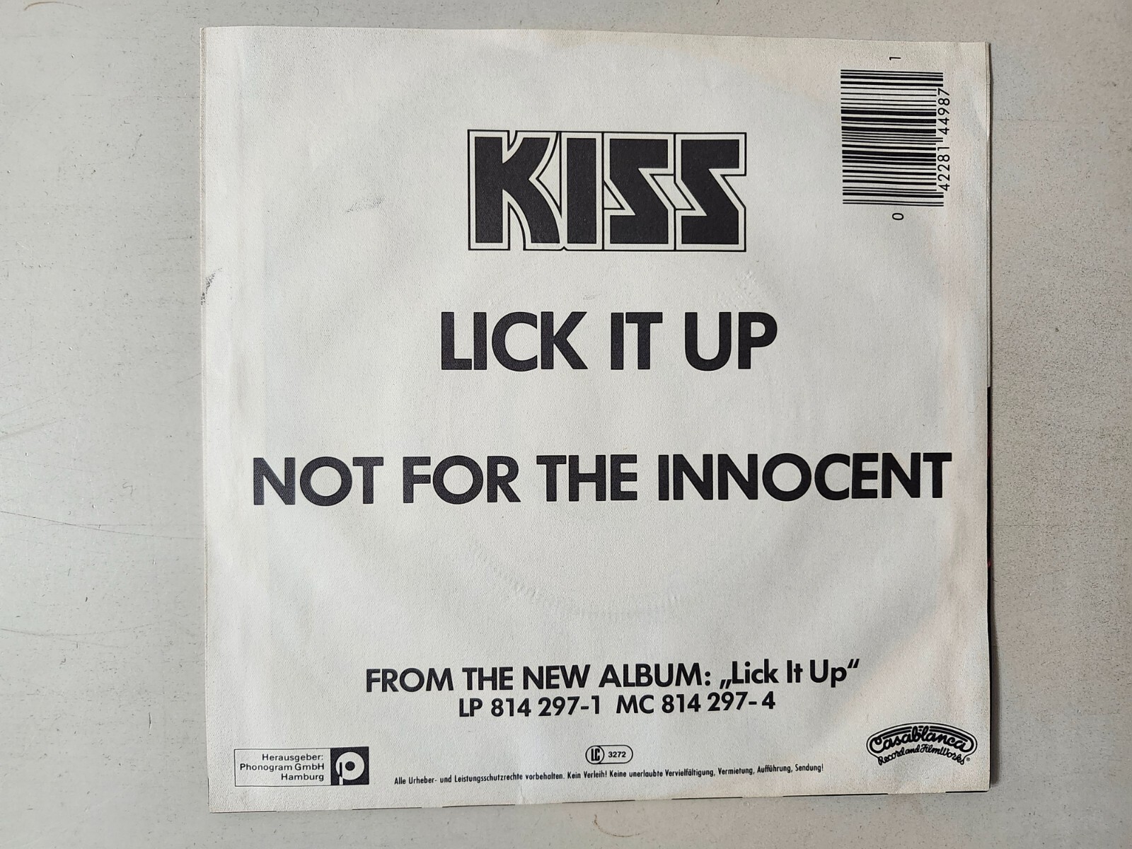 KISS RARE German Lick It Up Not For The Innocent 7″ Import 45 Vinyl 814 498-7 VG