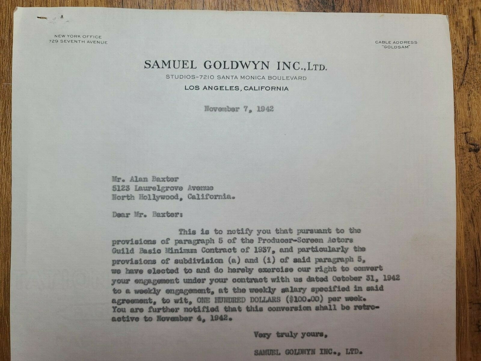 Screen Actors Guild 1942 signed contract agreement regarding actor Alan Baxter