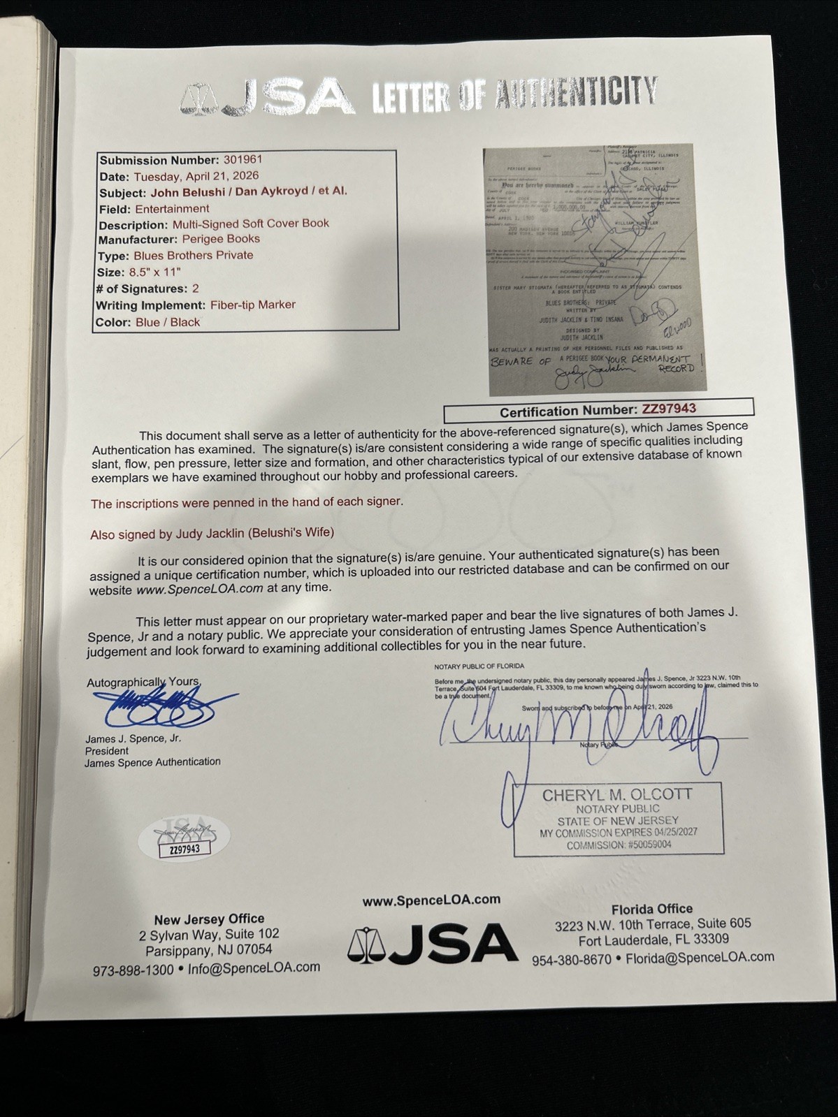 Blues Brothers: Private Signed John Belushi, Dan Aykroyd, Judi Belushi JSA