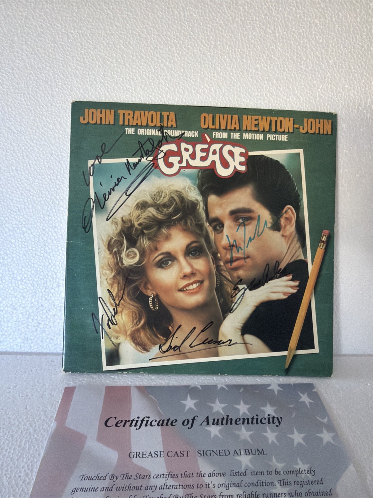 OLIVIA NEWTON JOHN SIGNED RECORD TITLED “GREASE” JOHN TRAVOLTA & Cast