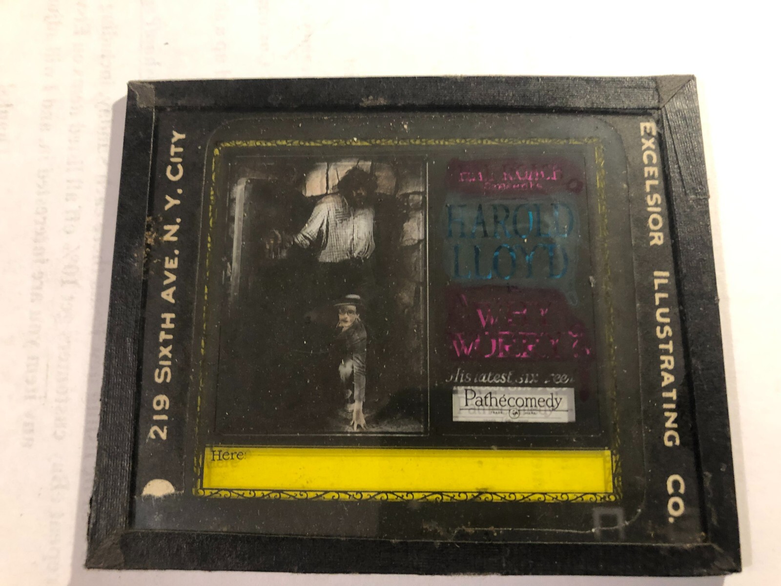Harold Lloyd Why Worry Extremely Rare Very Early Magic Lantern Slide ’23 Giant
