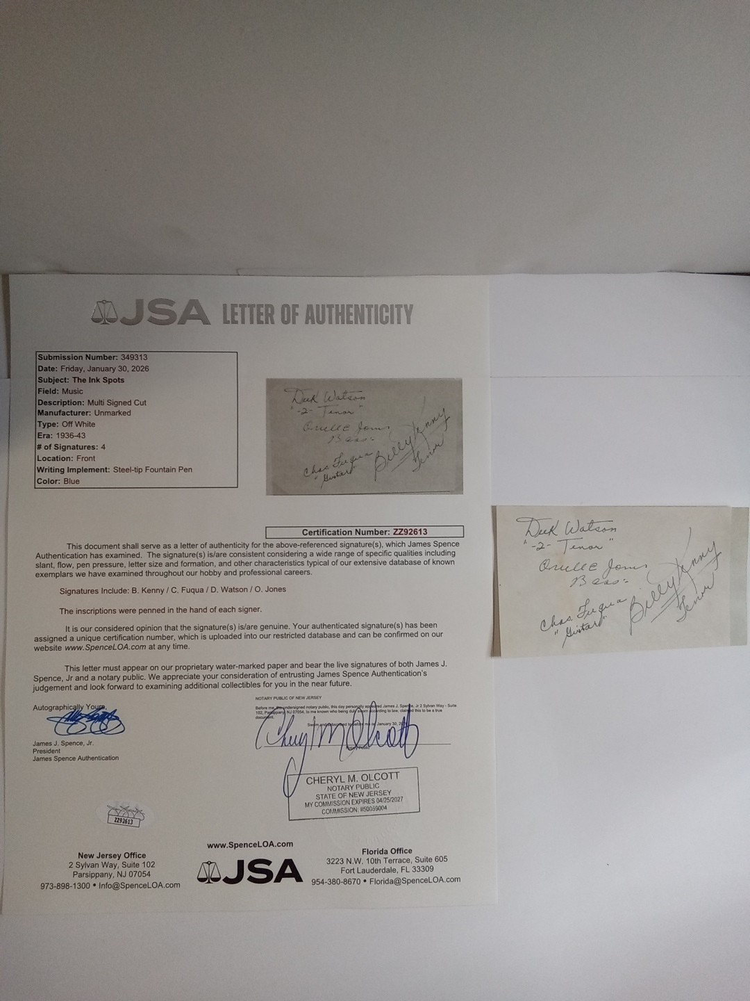 B. Kenny, C. Fuqua, D. Watson, O Jones The Ink Spots Signed 4×2.5 Cut JSA COA