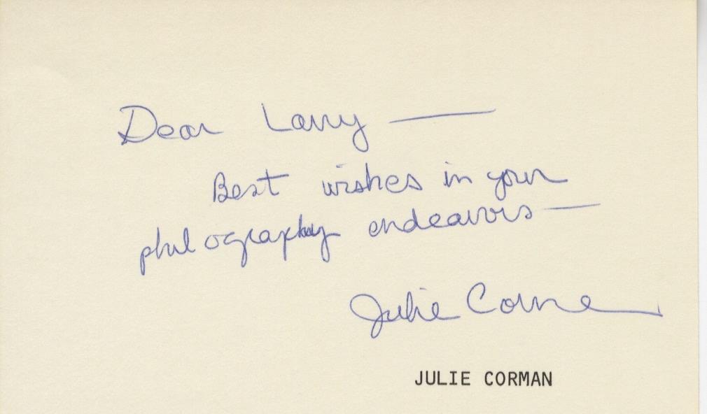 JULIE CORMAN-ORIGINAL AUTOGRAPHED INDEX CARD-ROGER’S WIFE