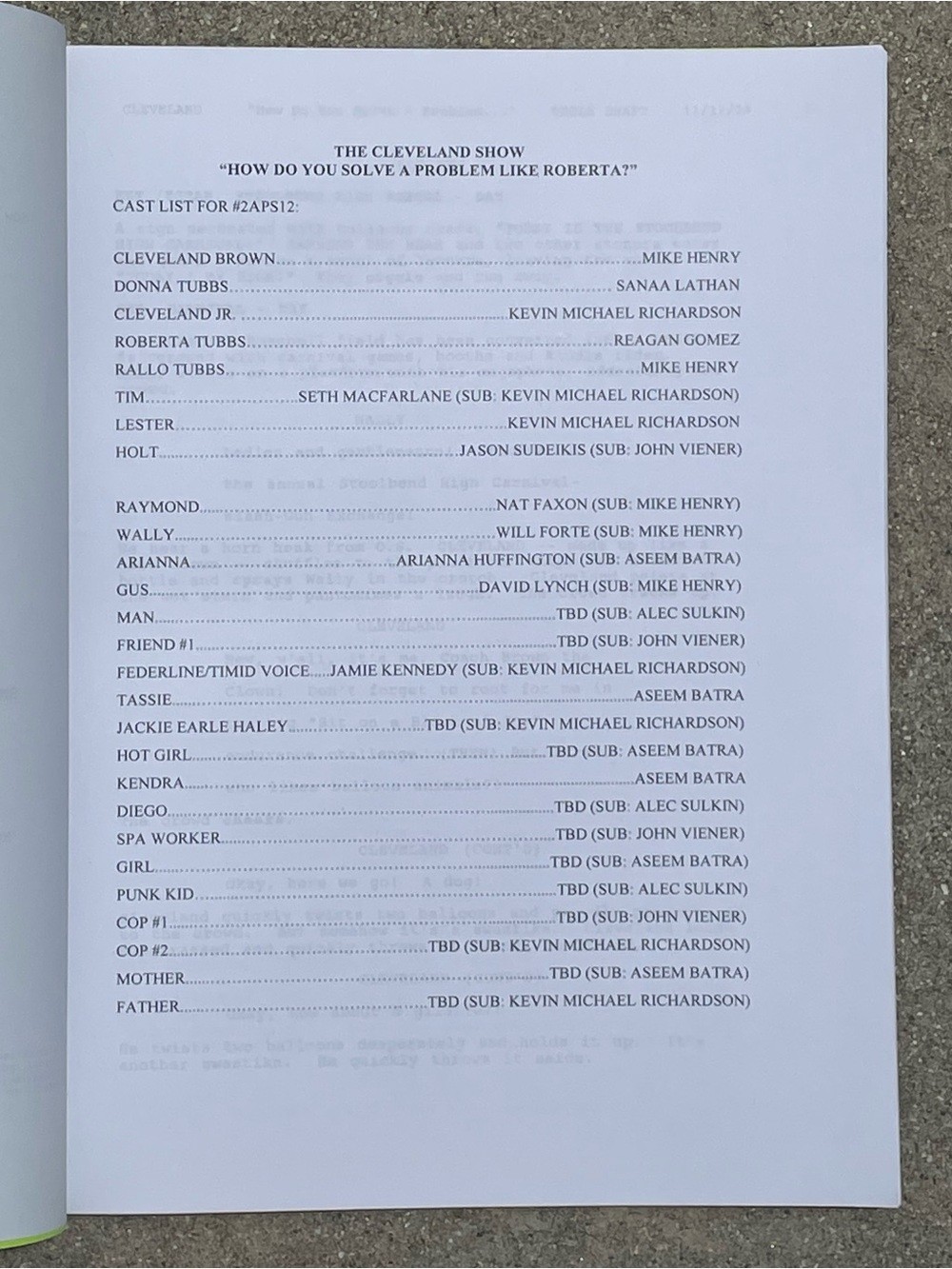 The Cleveland Show 2009 Problem Like Roberta? Production Used Table Draft Script