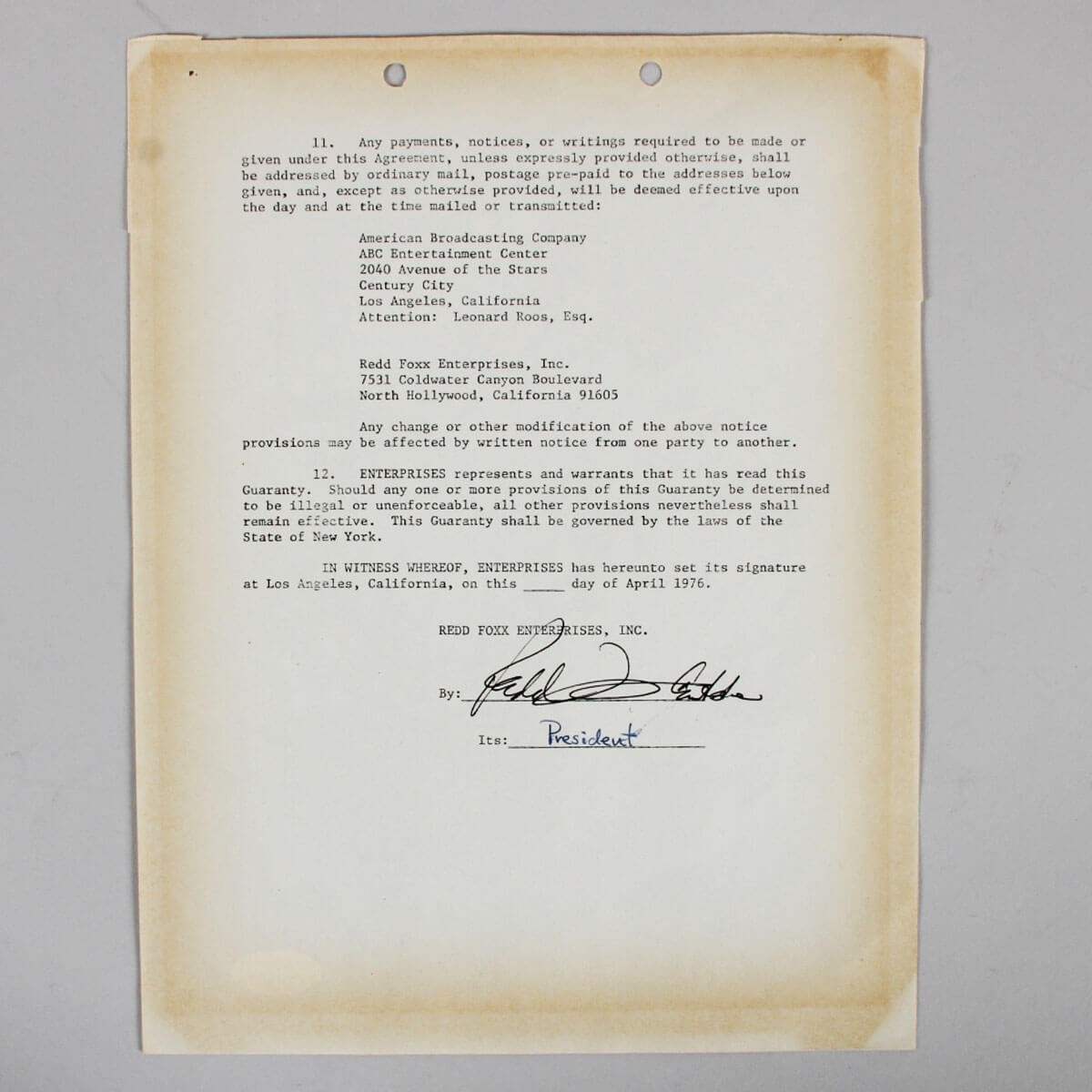 Redd Foxx Signed Contract – COA JSA
