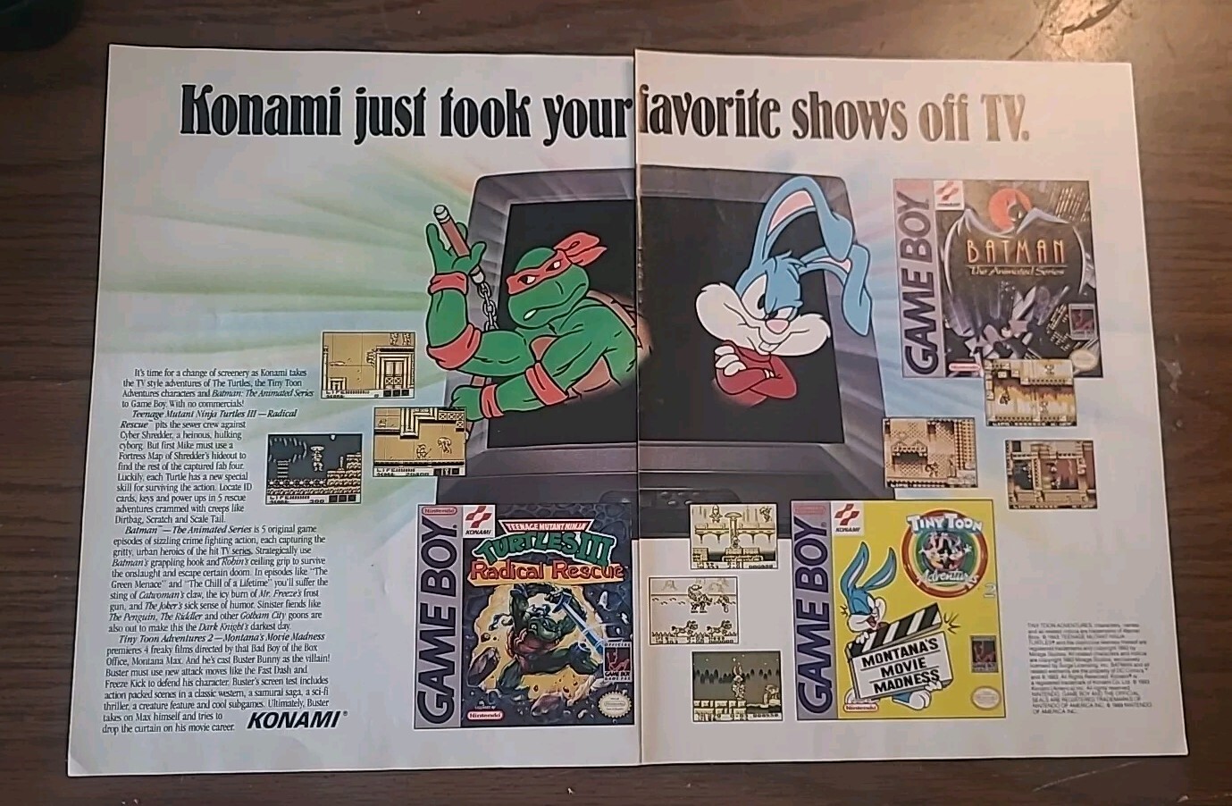 Konami Turtles III Tiny Toon Adventure Print Ad 1994 16×11 Great To Frame