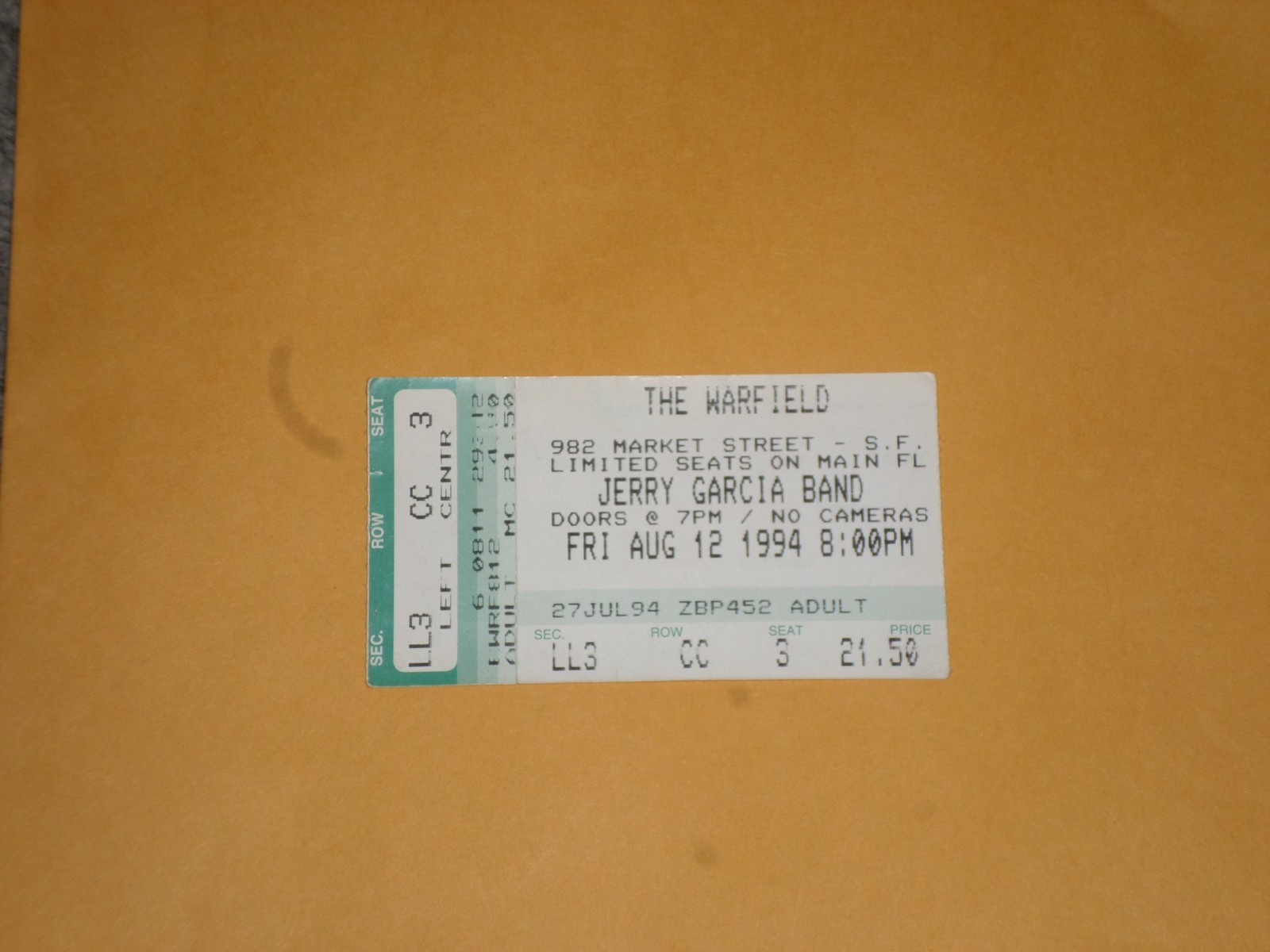 Jerry Garcia Band-Grateful Dead Concert Ticket 1994-8/12/94-San Francisco,CA