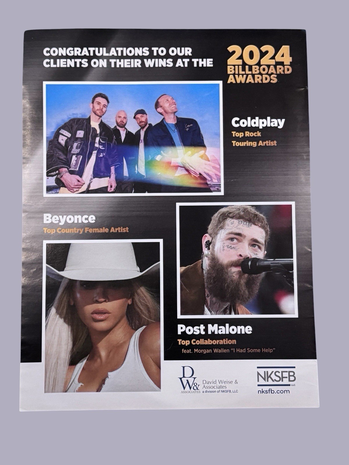 BEYONCE & POST MALONE & COLDPLAY Promo Industry Trade Ad –Original Rock Music Ad