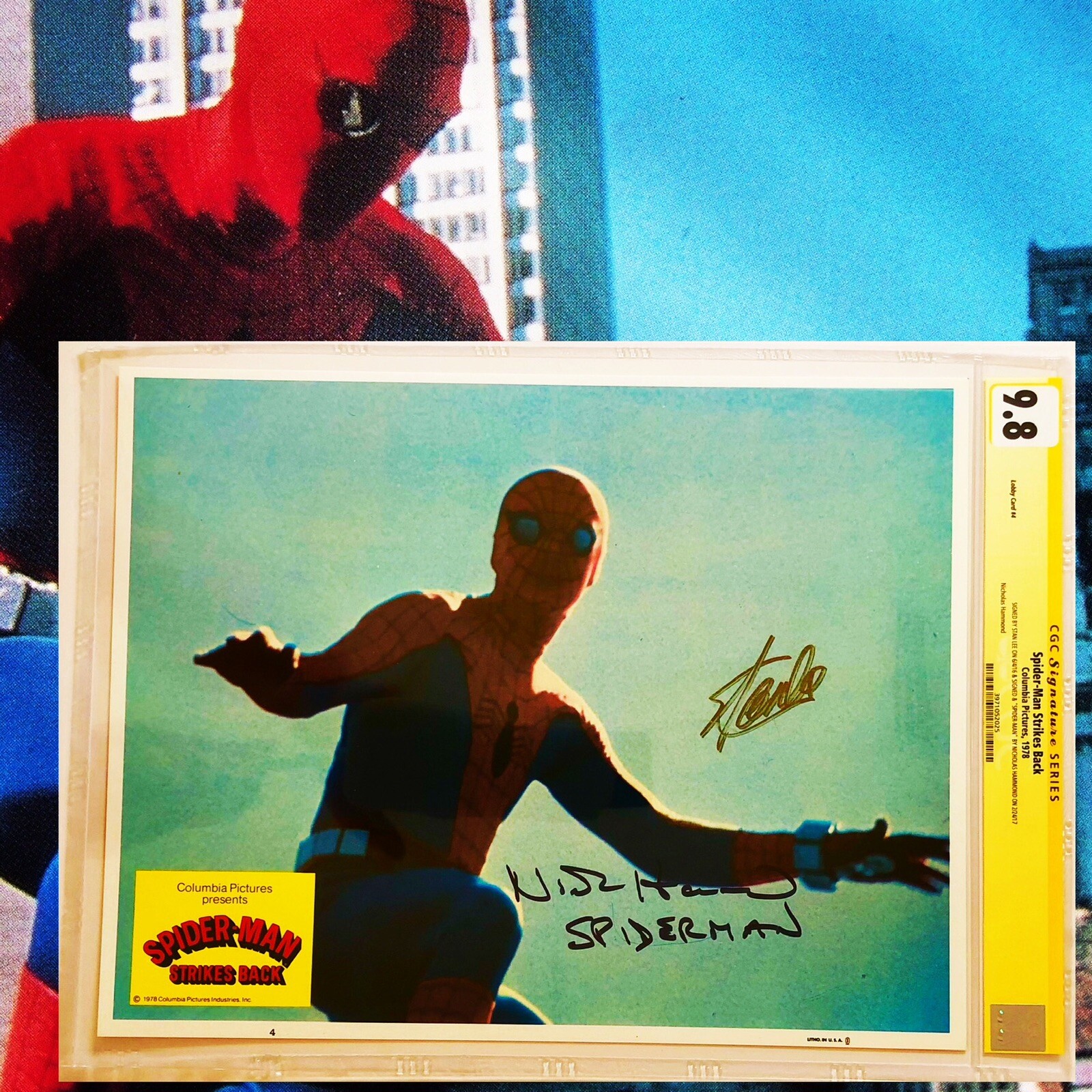 CGC 9.8 SS Spider-Man Strikes Back Lobby Card #4 signed by Hammond & Lee 11×14