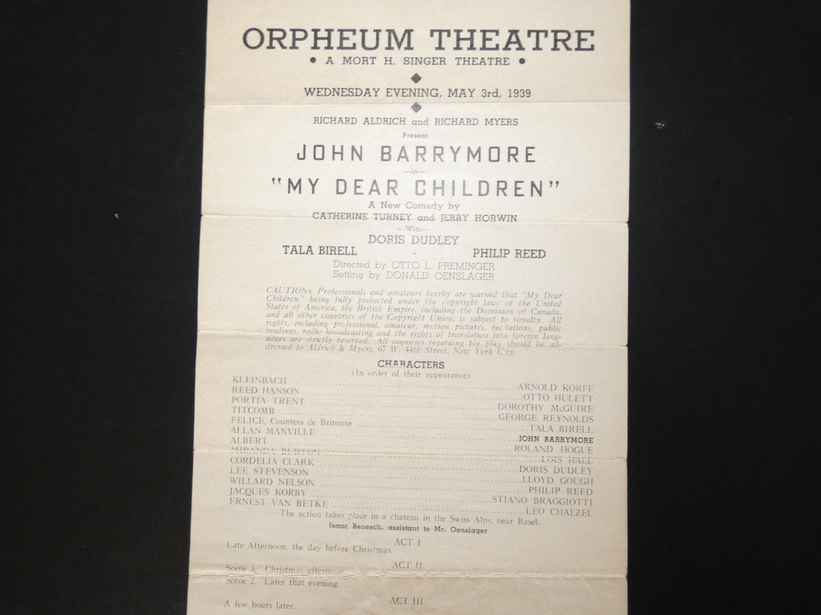 1939 Orpheum Theater Playbill Program, John Barrymore, My Dear Children