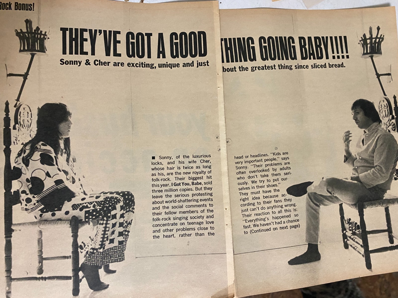 Cher, Sonny Bono, Two Page Vintage Clipping, aa