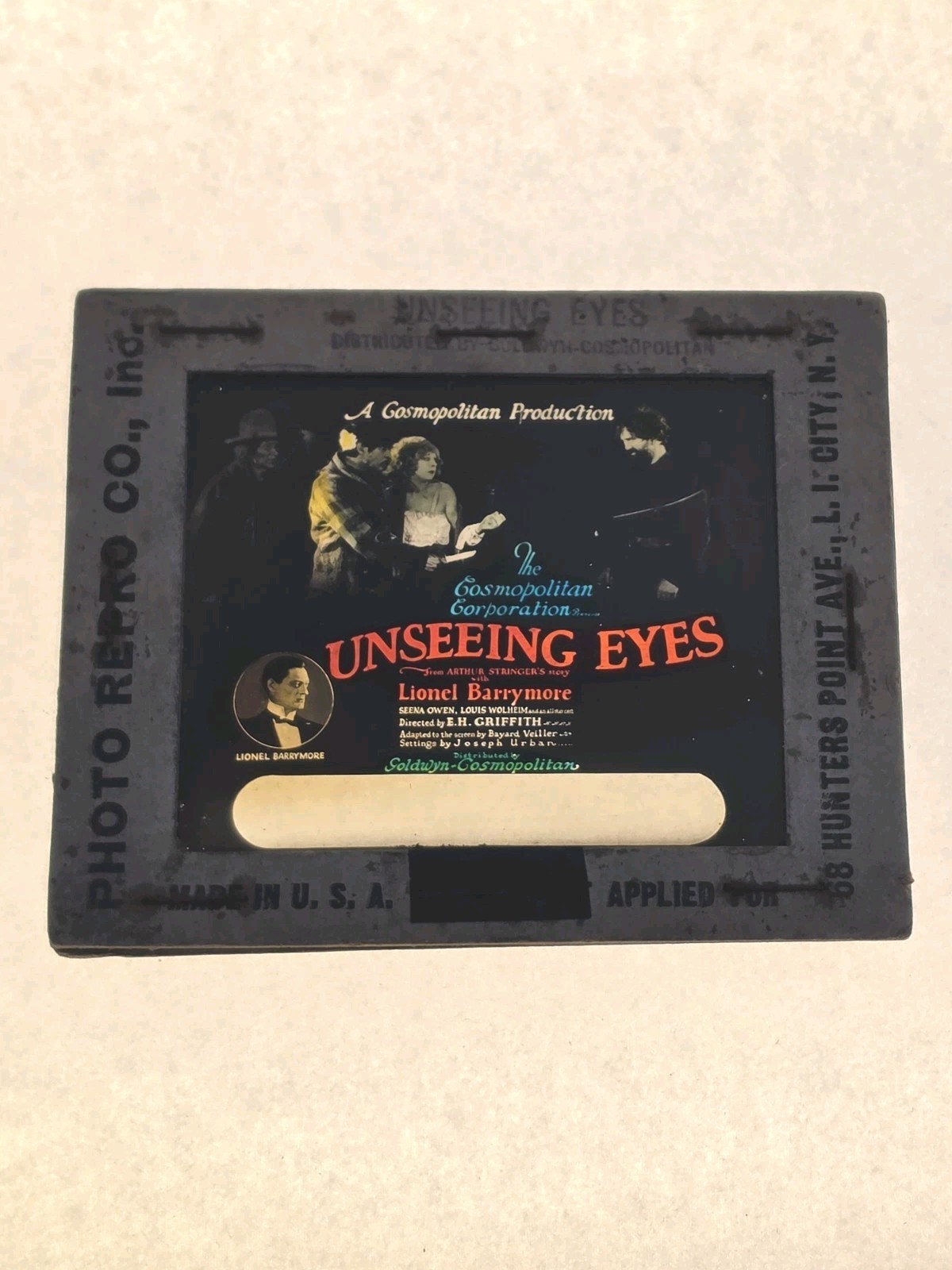 Vintage 1923 “Unseeing Eyes” Lost Film Magic Lantern Glass Slide L. Barrymore
