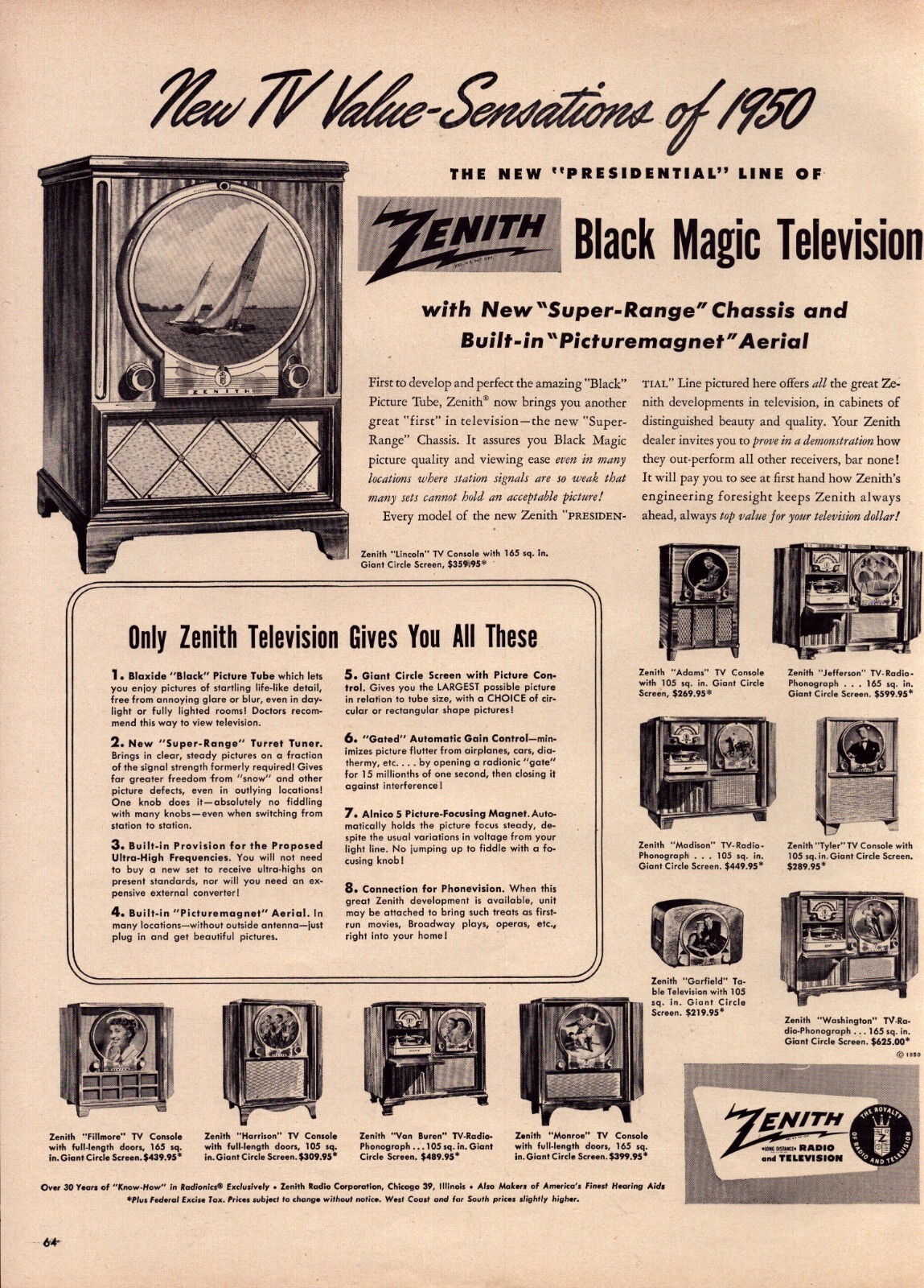 1950 Zenith Television Print Ad Presidential Line Black Magic TV Value Sensation