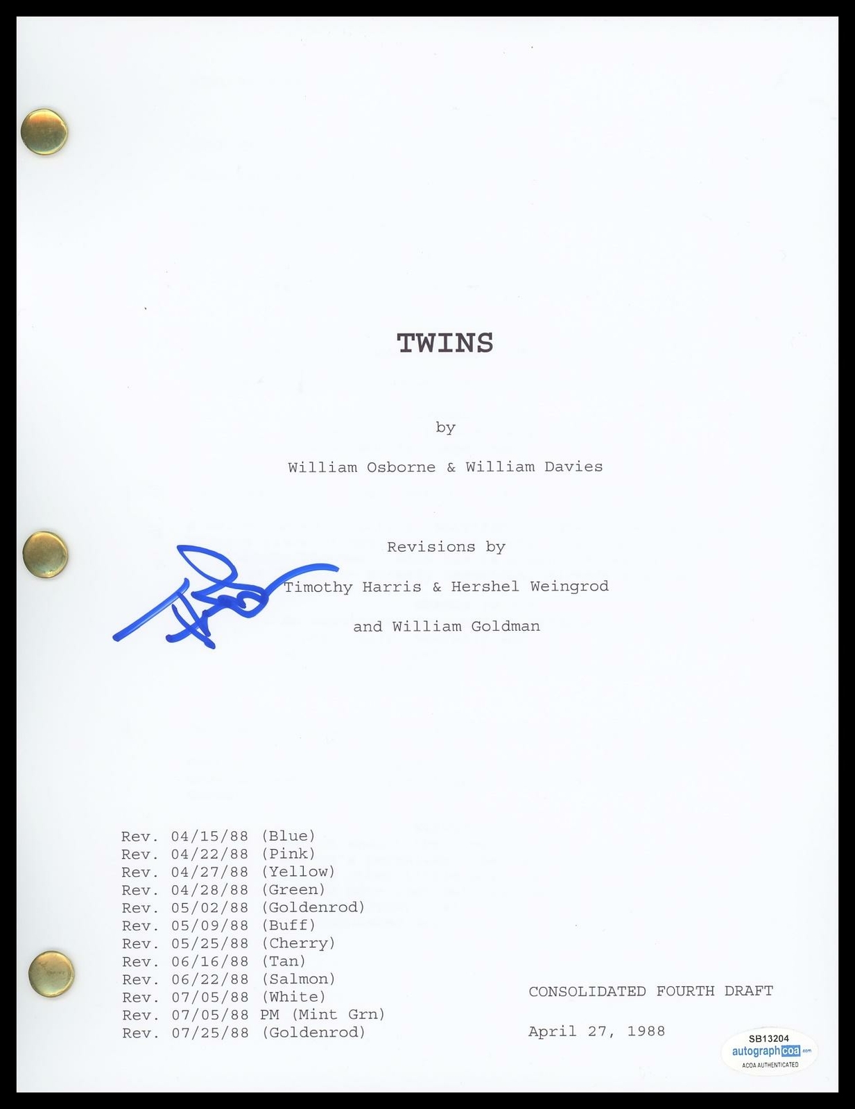 Ivan Reitman “Twins” Director AUTOGRAPH Signed Compete Script Screenplay ACOA