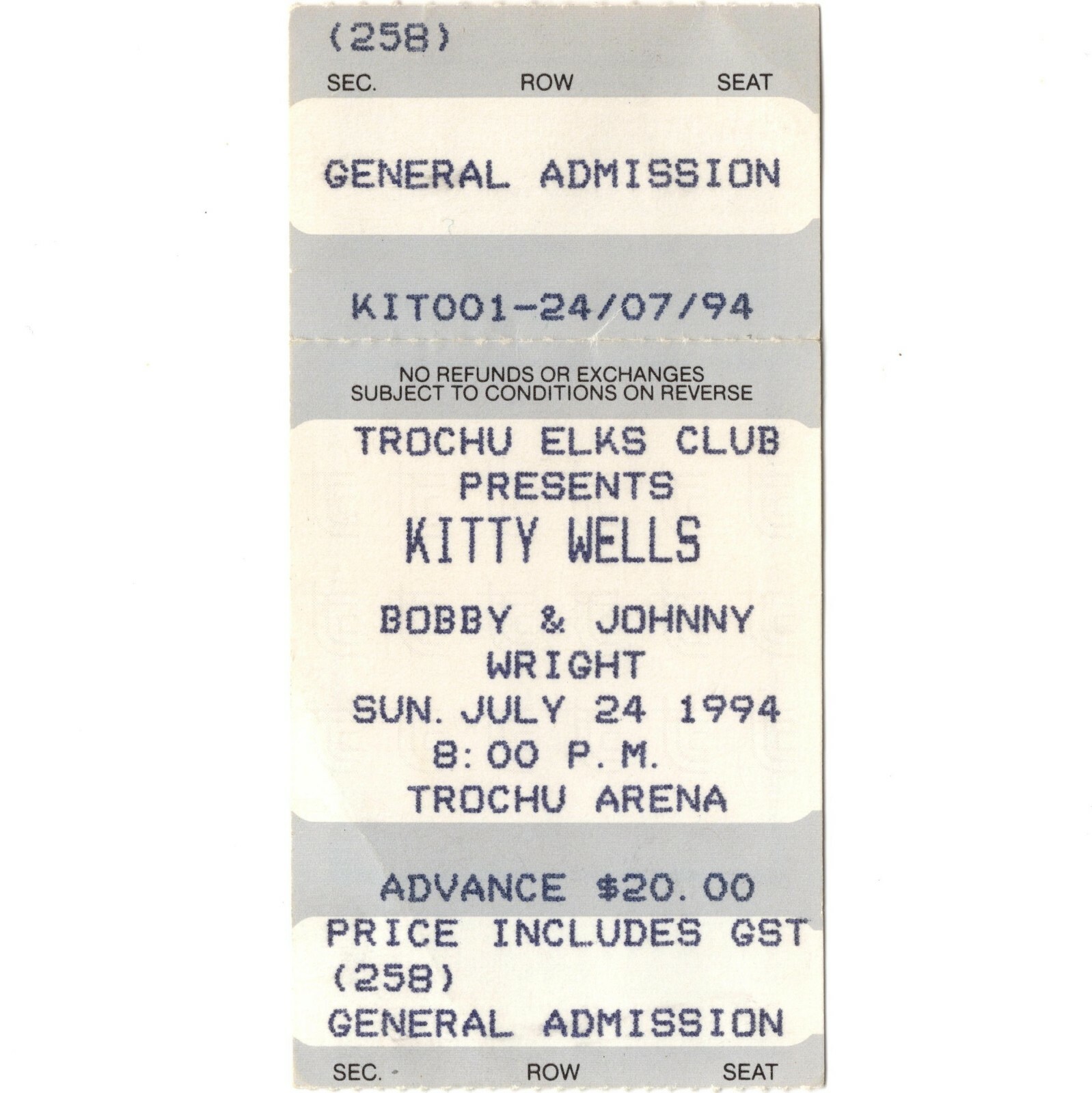 KITTY WELLS and BOBBY & JOHNNY WRIGHT Concert Ticket Stub TROCHU 7/24/94 CANADA