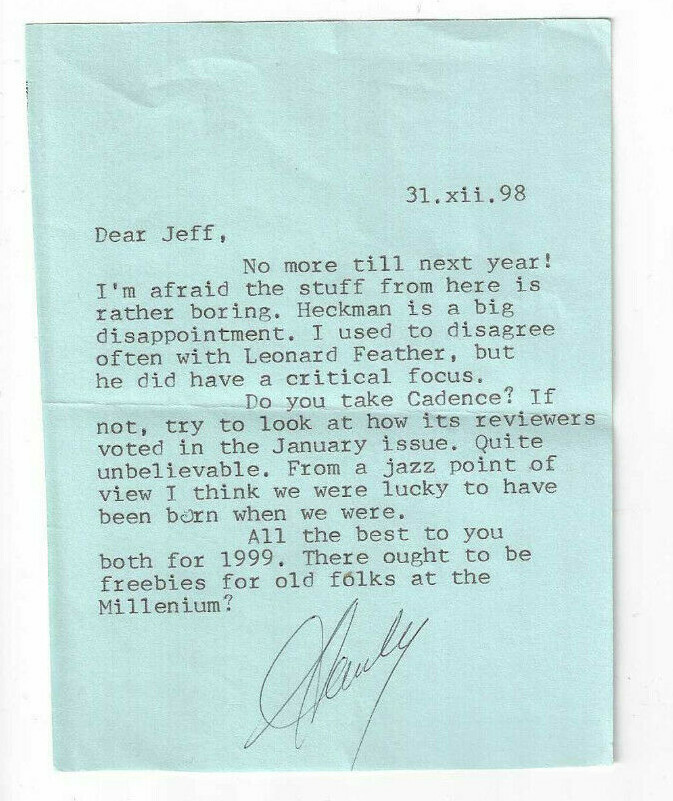 Stanley Dance Signed Note 1998 Jazz Writer