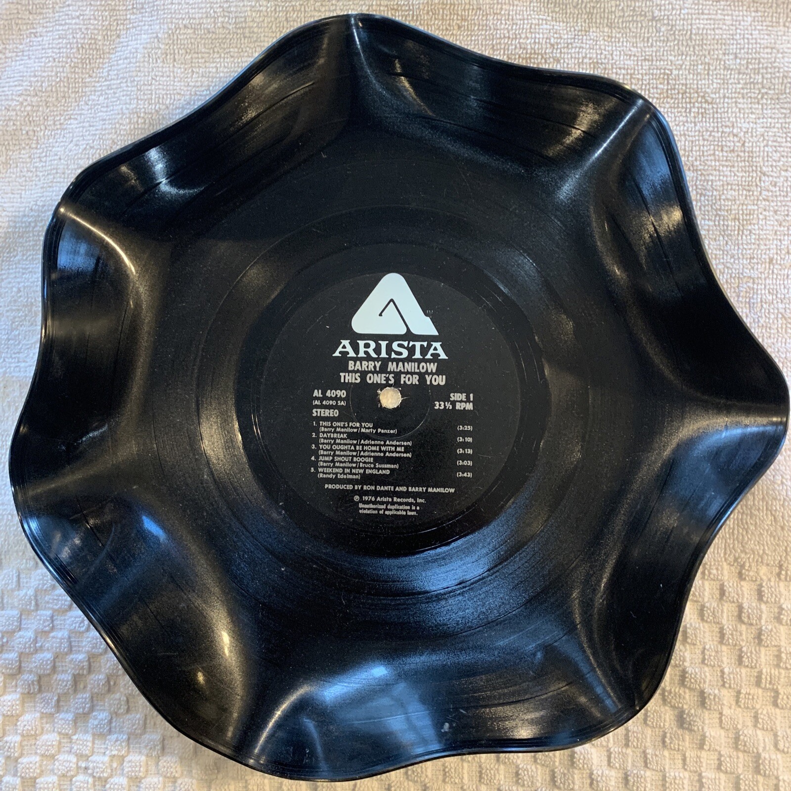 Unique Barry Manilow Artist LP Record Molded into Ashtray or serving dish