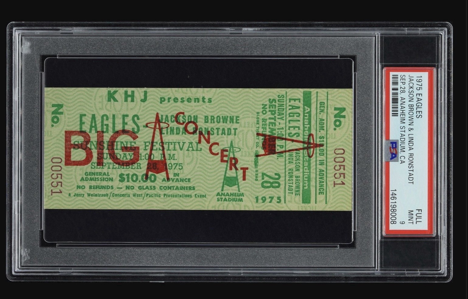 PSA 9 – 1975 EAGLES w/ LINDA RONSTADT & JACKSON BROWNE full CONCERT TICKET
