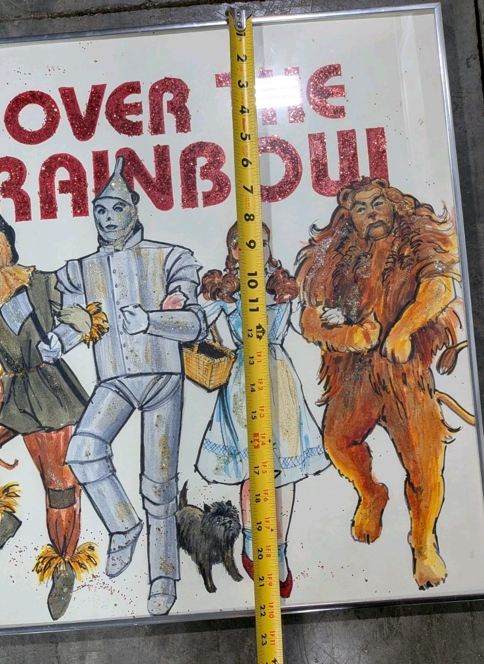 Vintage Wizard Of Oz Marker Drawing Artist Framed 22×20 Glitter Over The Rainbow