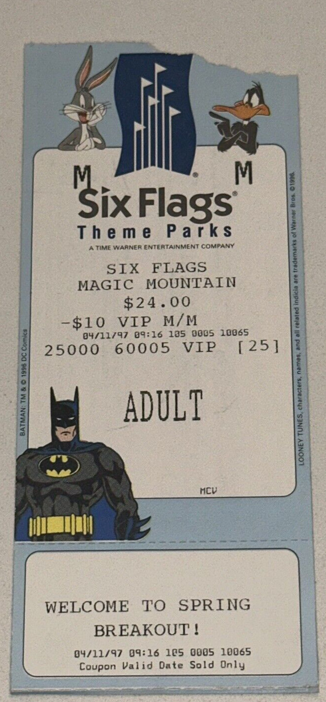 Six Flags Theme Park Magic Mountain Ticket Stub Batman Donald Duck 4/11/1997