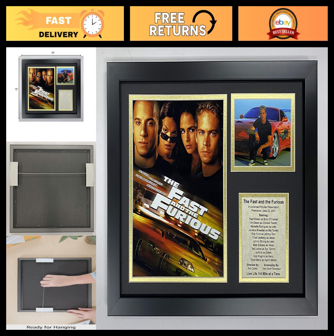 Fast & Furious Movie Collectible Framed Photo Collage Wall Art Decor 12″x15