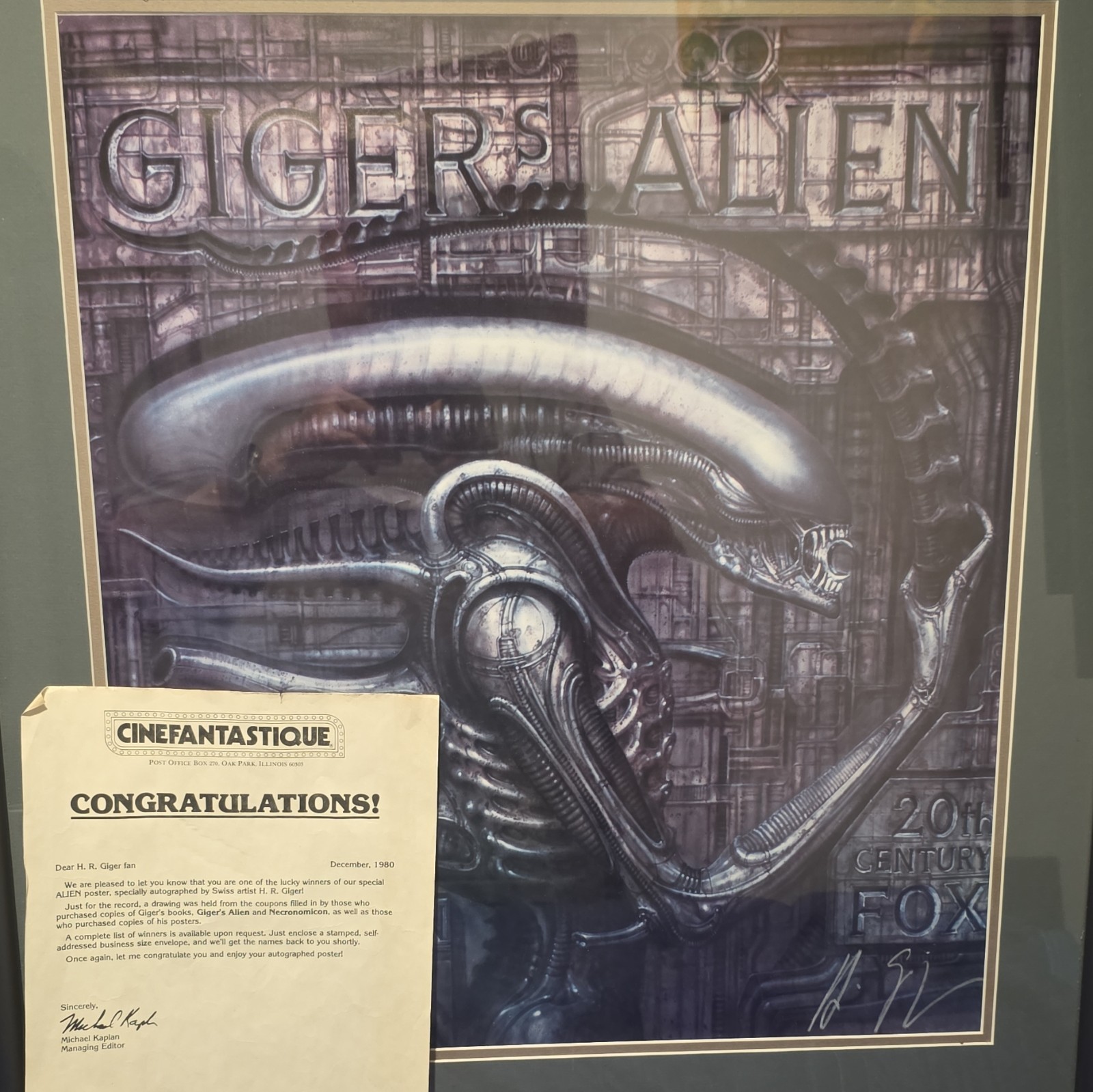 Gigers Alien Signed With Letter 1980