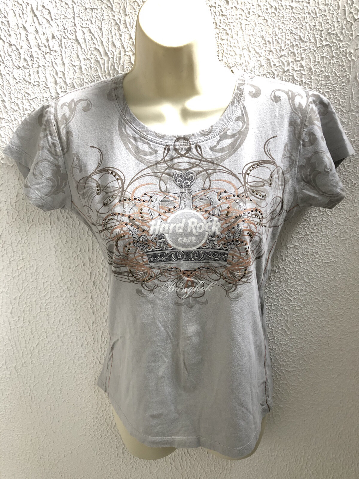 Hard Rock Couture T-Shirt Top Gray Beaded Bling Bangkok Thailand Women’s Small
