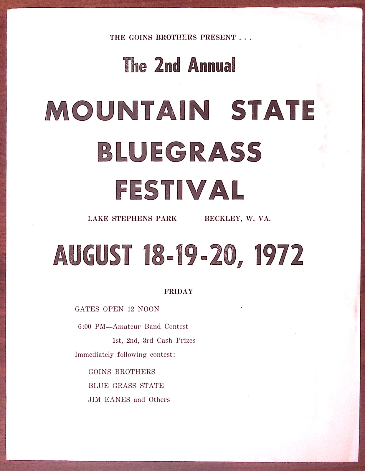 1972 BECKLEY W. VA MOUNTAIN STATE BLUEGRASS FESTIVAL SOUVENIR PROGRAM Z7448
