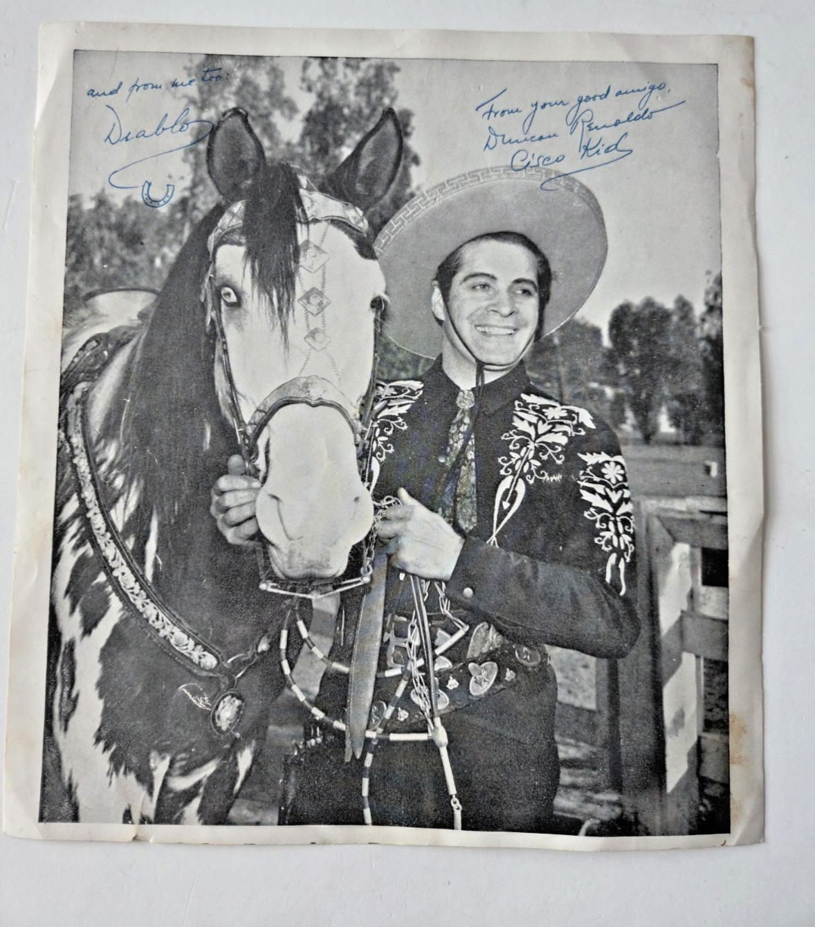 The Cisco Kid & Diablo signed inscribed b/w 8 x 9 photo Vintage Western Cowboy