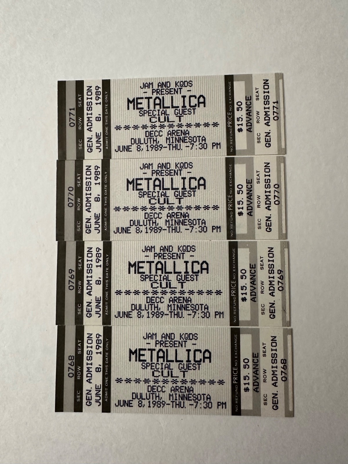 METALLICA Concert TICKET STUBS DECC Arena LOT OF 4 – June 8, 1989!